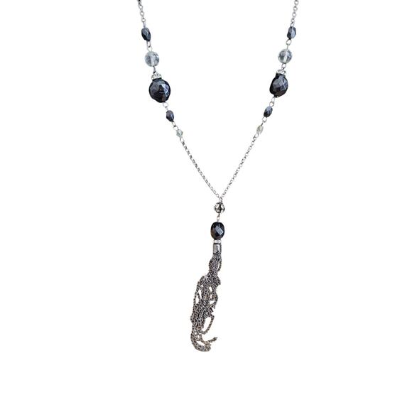 Vintage Y2K Single Strand Chain Style Tassel Necklace Silver Black - Picture 2 of 4